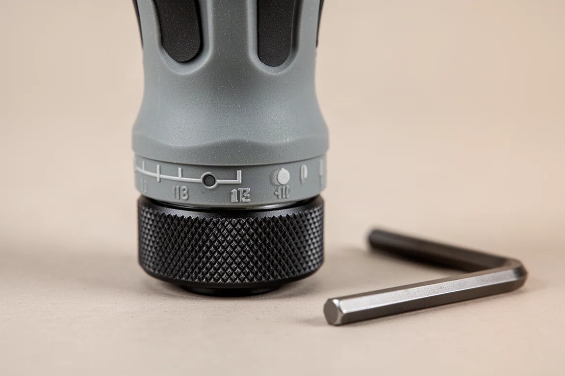 Close-up of the torque driver's adjustment collar with visible setting markings