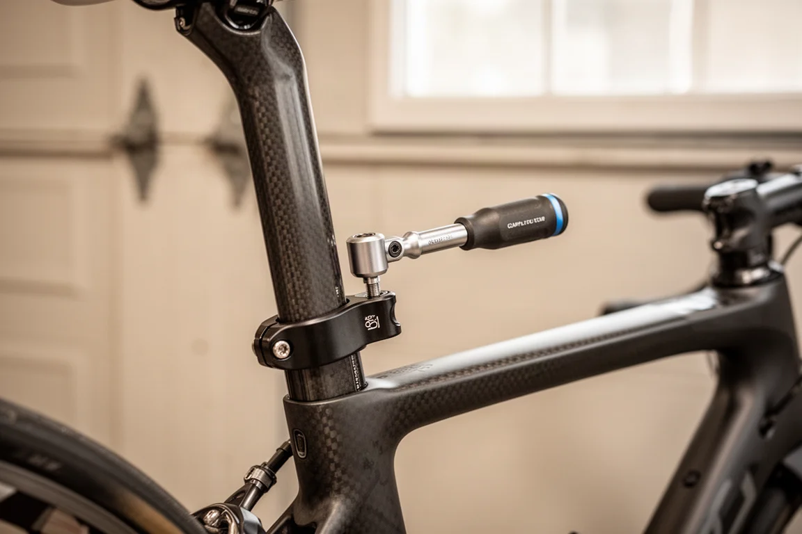 Carbon fiber seatpost clamped in a bike frame with a torque driver in use