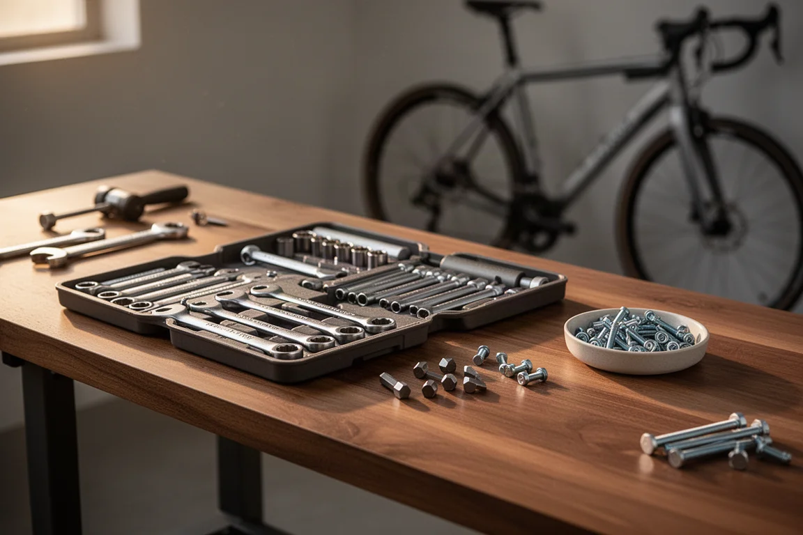 Organized home workshop bench with bike tools, bits, and spare parts on a wooden surface