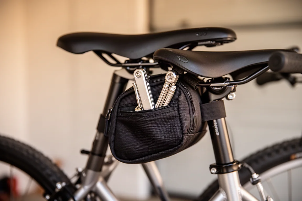 Fahrrad-Multitool wird in eine kleine Satteltasche am Fahrrad geschoben