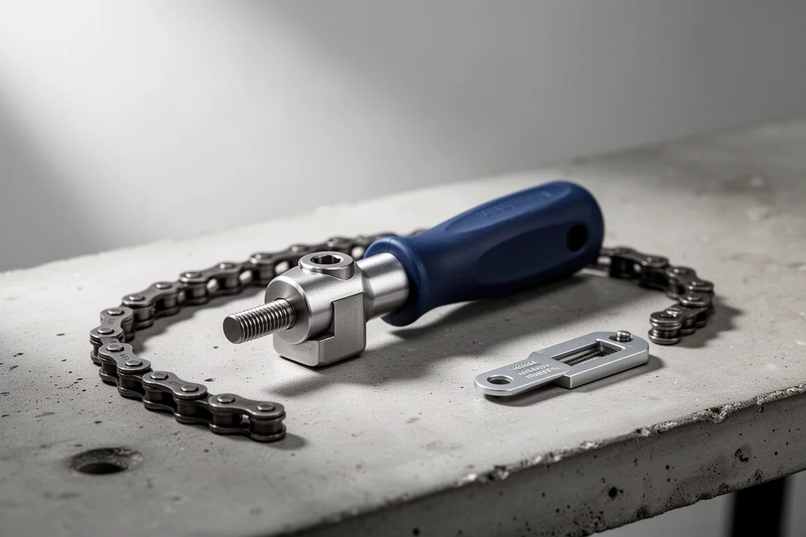 콘크리트 바닥 위에서 자전거 체인 한 토막 옆에 놓인 Park Tool CT-3 체인 툴