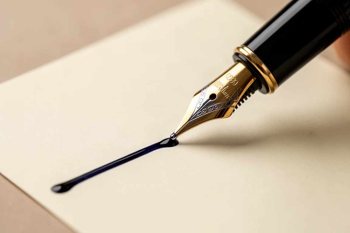 Pennino della stilografica che scrive con inchiostro blu-nero scorrevole su carta color crema