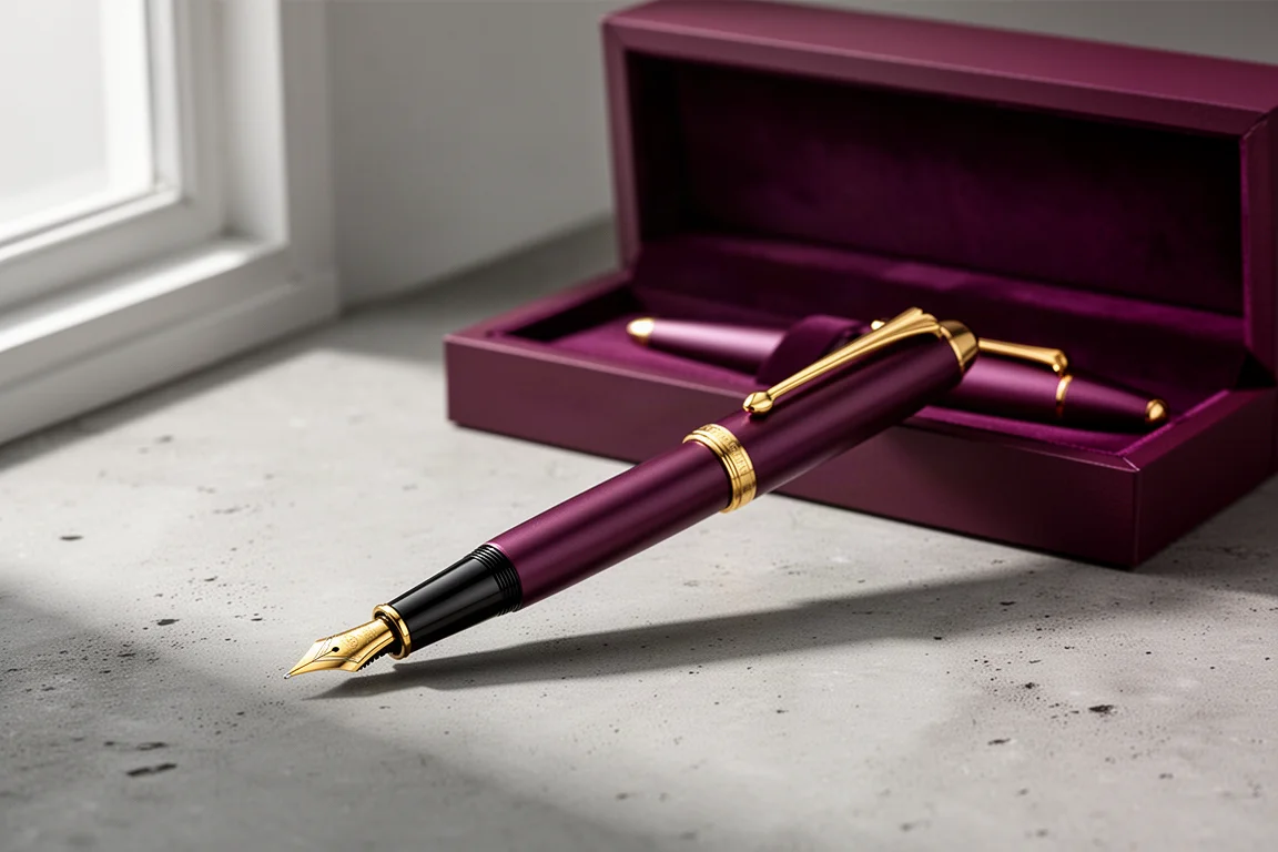 Deep plum fountain pen with gold cap beside an open presentation box