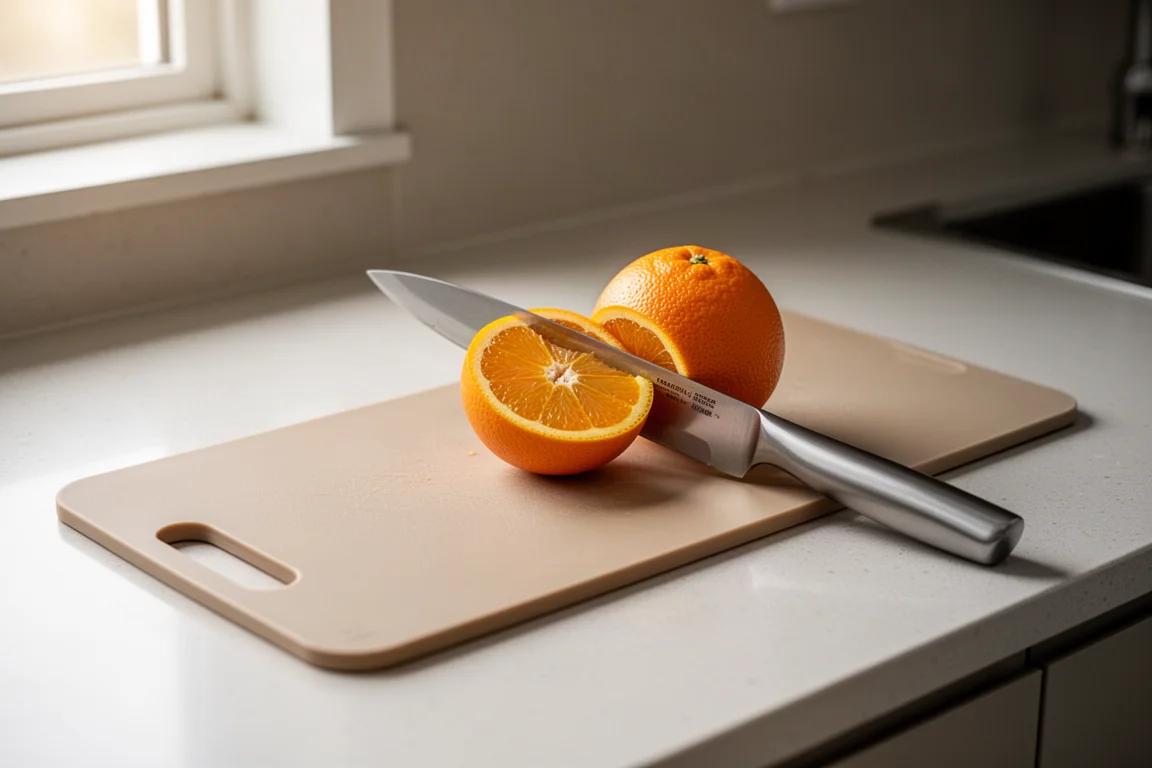 Une longue planche à découper beige avec une orange en train d'être tranchée sur un plan de travail