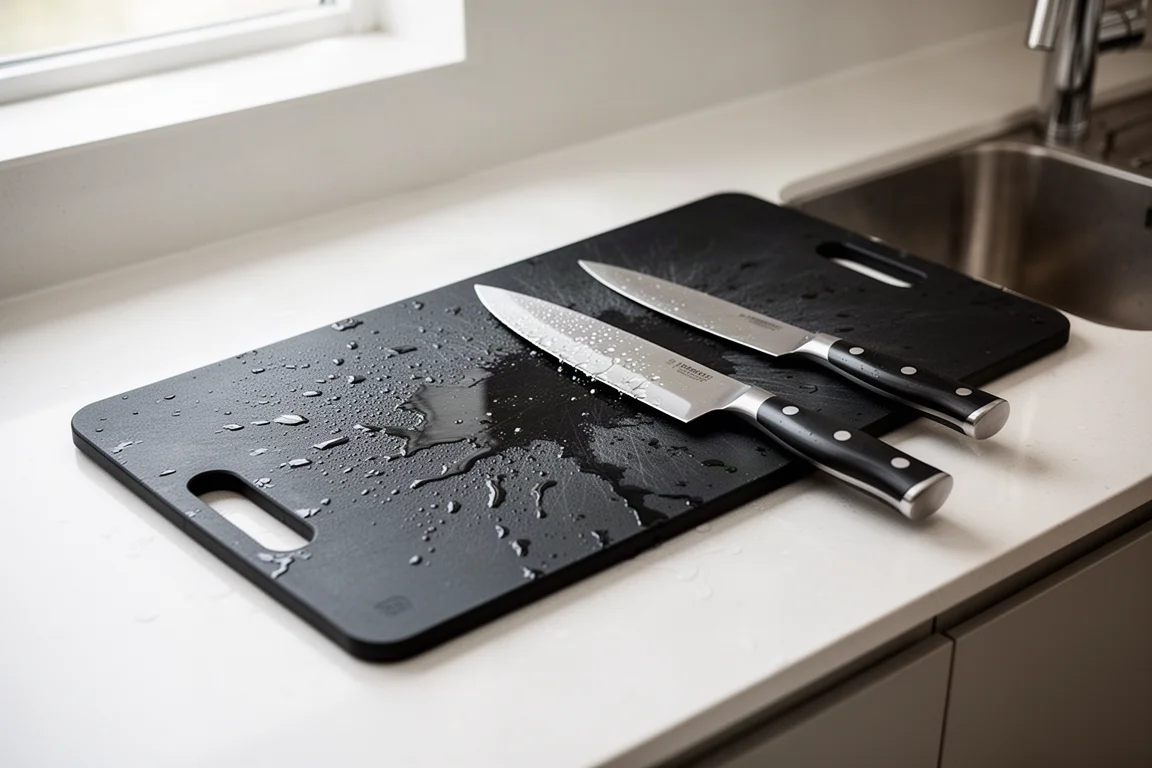 Une planche à découper noire avec du poisson cru et un couteau en train d'être nettoyés à l'évier