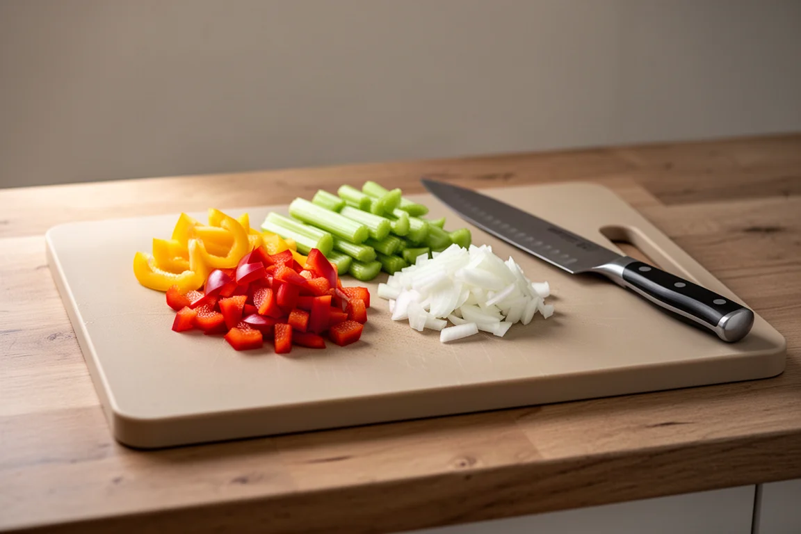 Une planche à découper épaisse sur un plan de travail avec des légumes en train d'être hachés pour préparer les repas