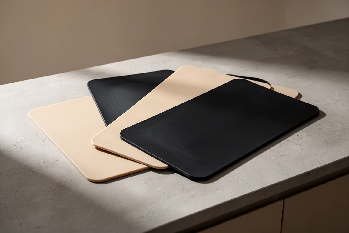 Several beige and black synthetic rubber cutting boards arranged on a kitchen counter