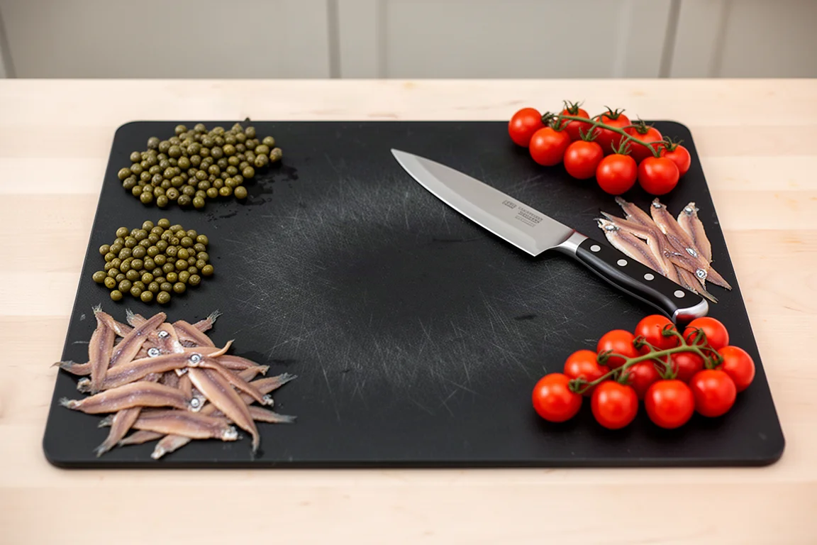 Chef cortando verduras sobre una tabla de cortar negra grande en una cocina luminosa