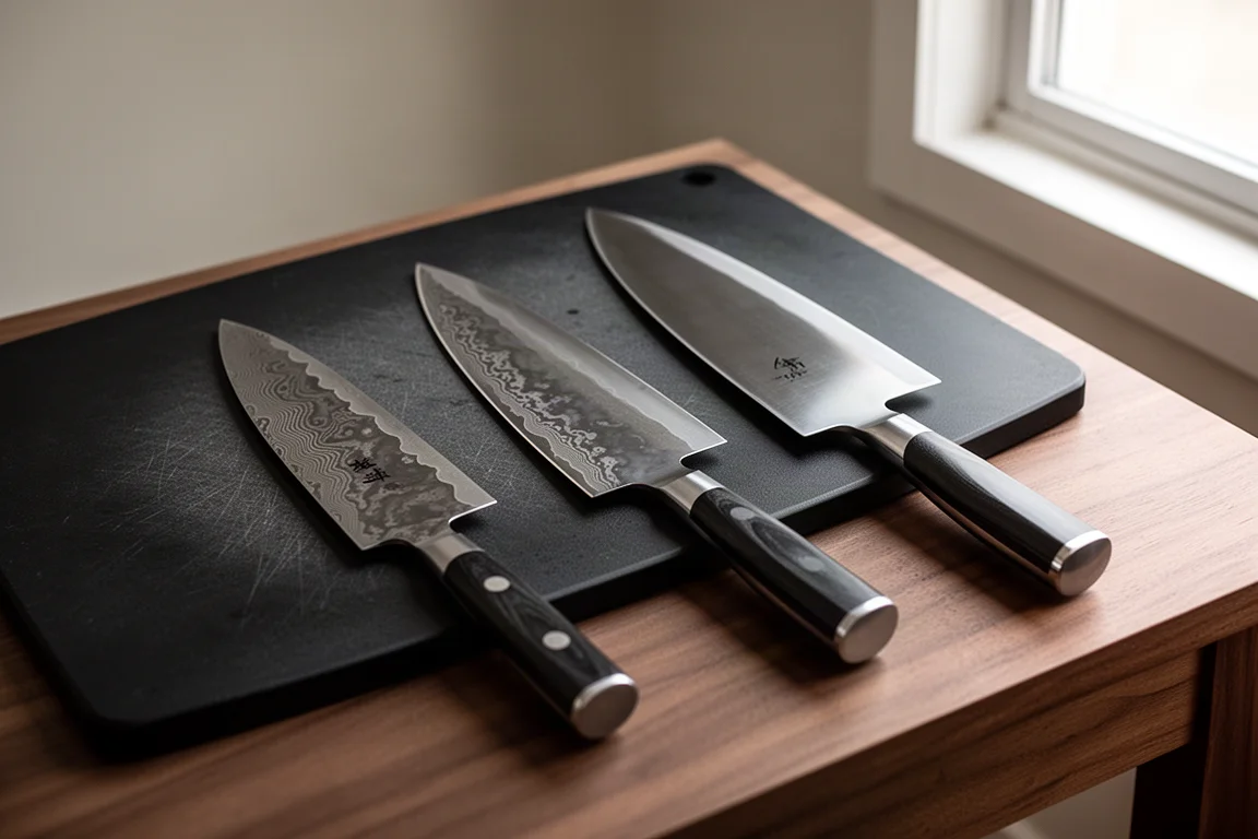 Tres cuchillos de cocina japoneses colocados junto a una tabla de cortar negra