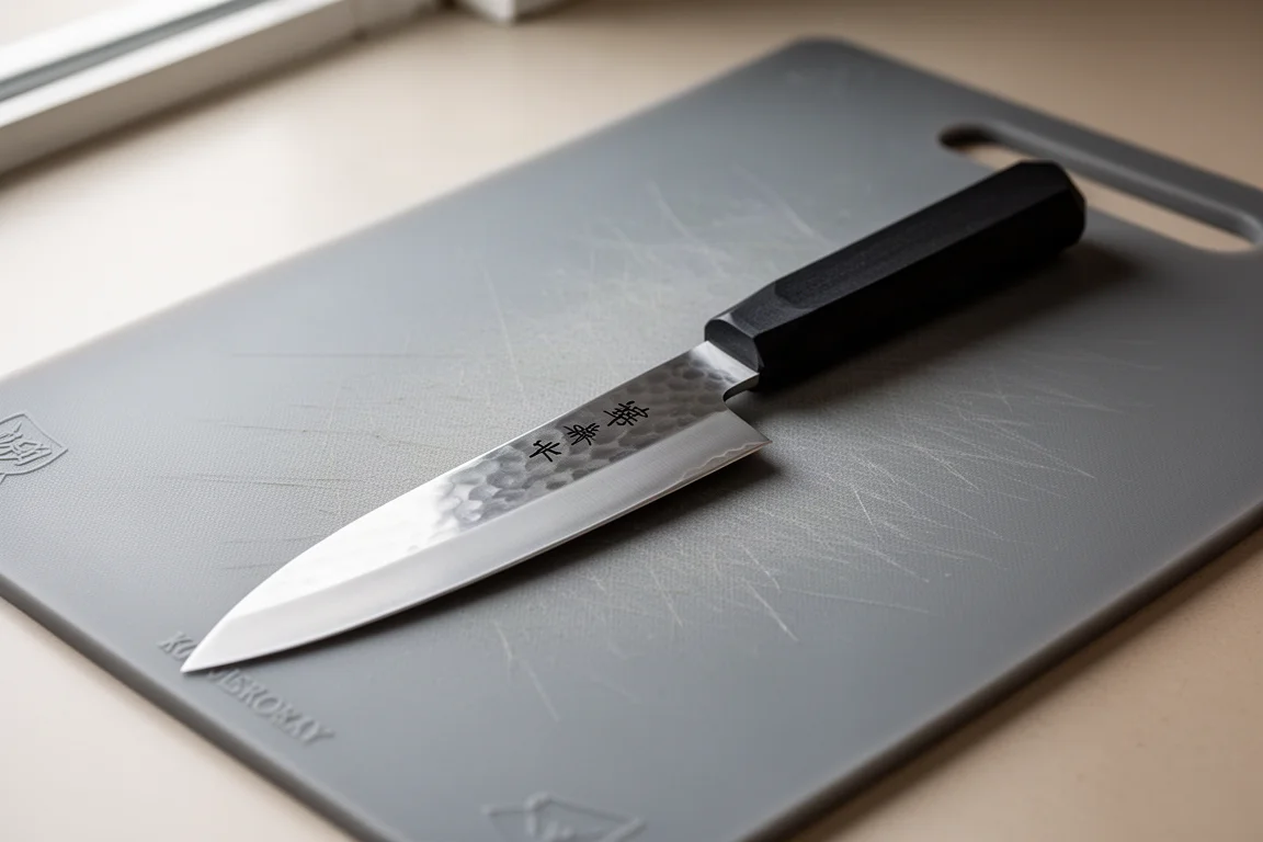 Uma faca gyuto japonesa com cabo wa escuro de borracha sintética apoiada sobre uma tábua de corte