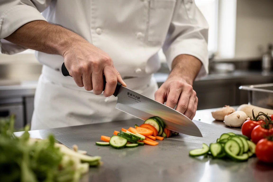 Chef fatiando legumes sobre uma tábua de corte escura de borracha sintética em uma cozinha