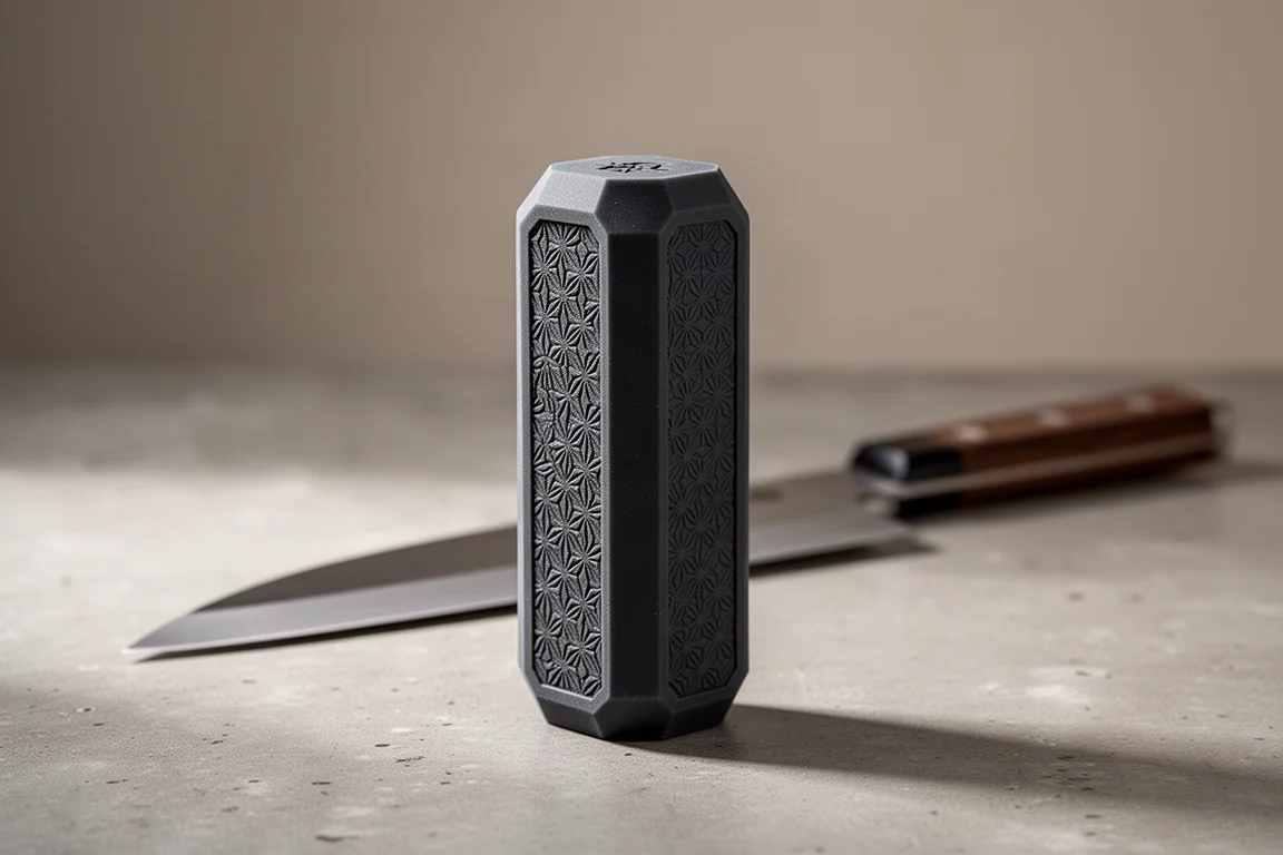 Dark octagonal synthetic rubber wa handle with laser engraving on a concrete surface