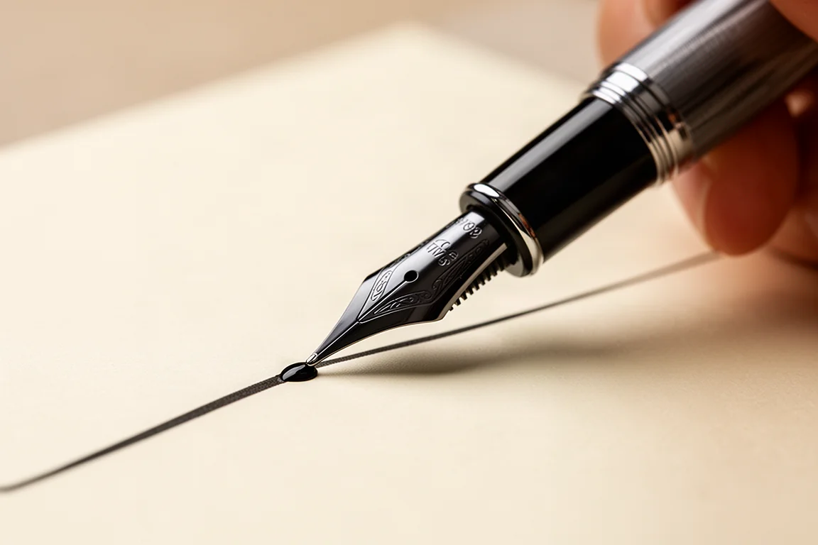 Penpunt van een vulpen schrijvend op crèmekleurig papier met een stevige inktlijn