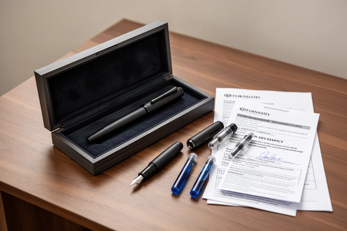 Vulpen in doos met inktcartridges en een converter op een bureau