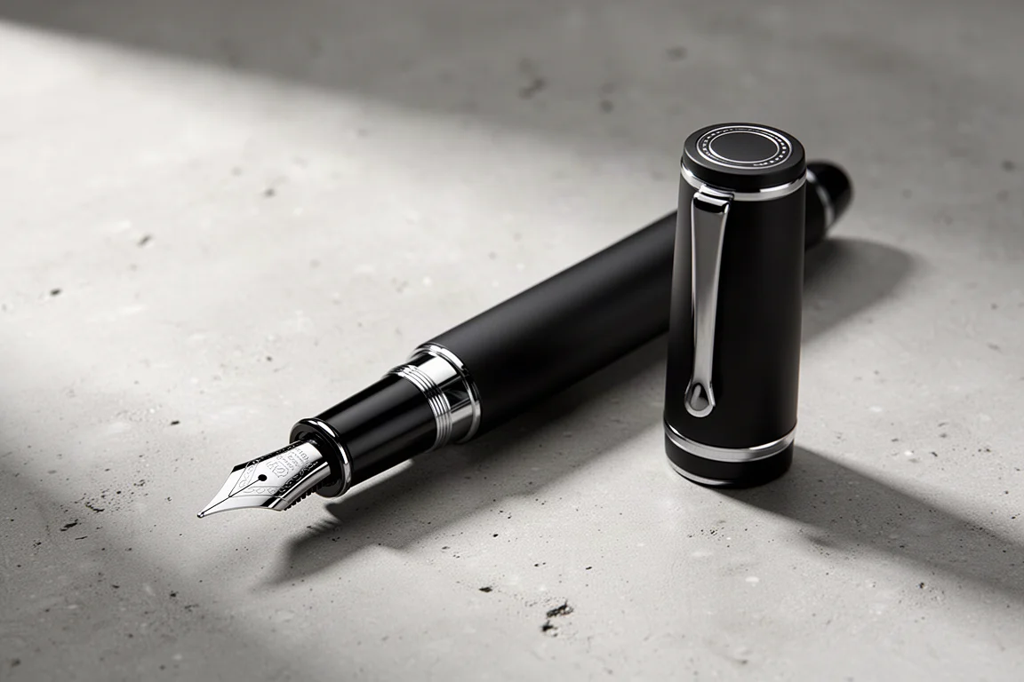 Matte black anodized fountain pen with black-plated nib on a concrete surface