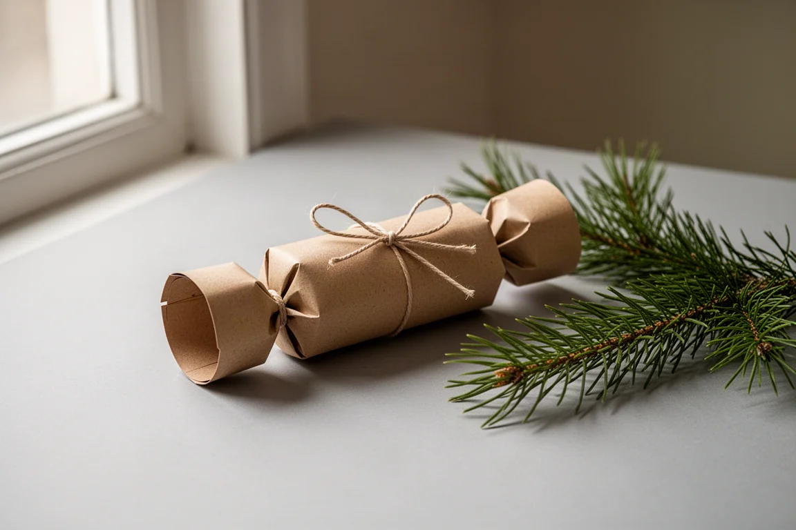 In snoepvormige festieve papieren cadeaubus met aan elke kant een gedraaide punt, op een grijs oppervlak