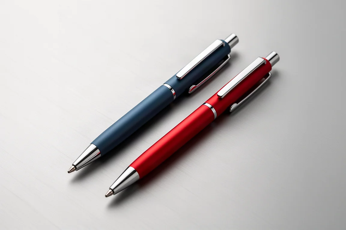 Twee slanke balpennen in denimblauw en vermiljoenrood, parallel liggend op een neutraal bureau