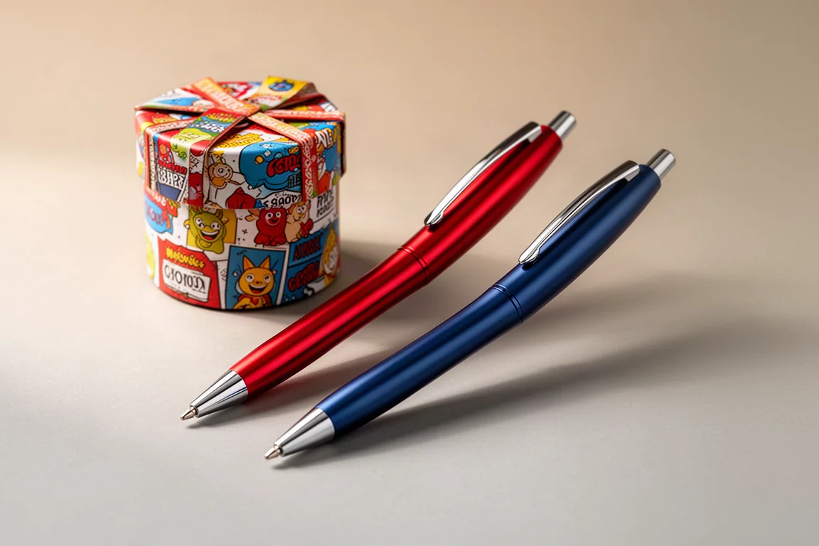 Vermilion and denim blue ballpoint pens beside a candy-shaped festive paper box