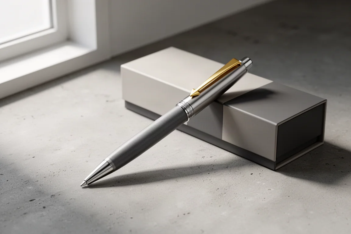 Grey lacquer ballpoint pen with gold arrow clip beside its presentation box on concrete