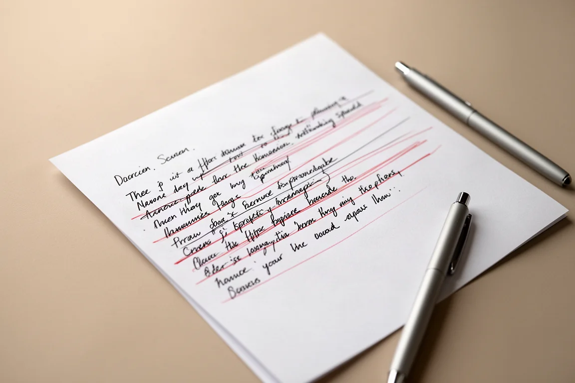 Notas escritas a mano sobre papel pautado con tinta negra y azul