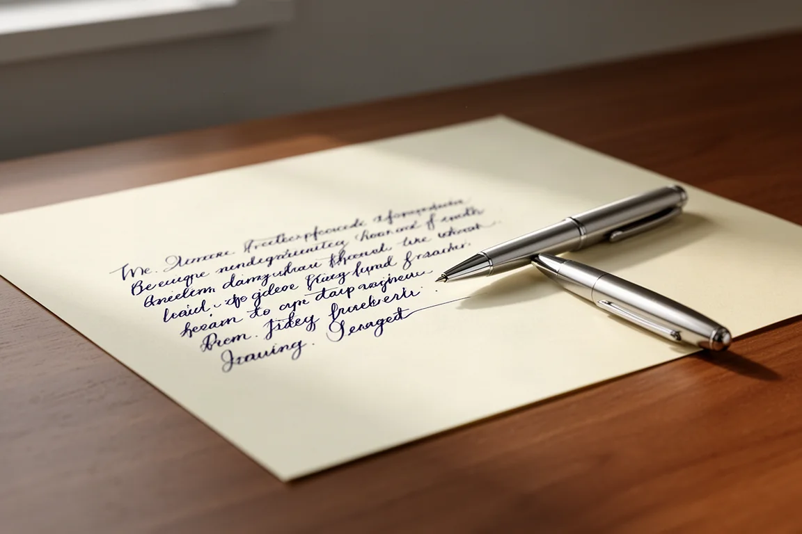 Odręczne linijki kaligraficznego pisma na zwykłym papierze obok srebrnego pióra