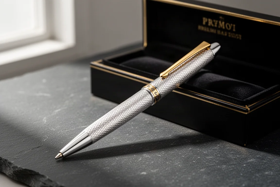 Srebrne (sterling silver) pióro kulkowe Parker obok eleganckiego czarnego pudełka prezentacyjnego
