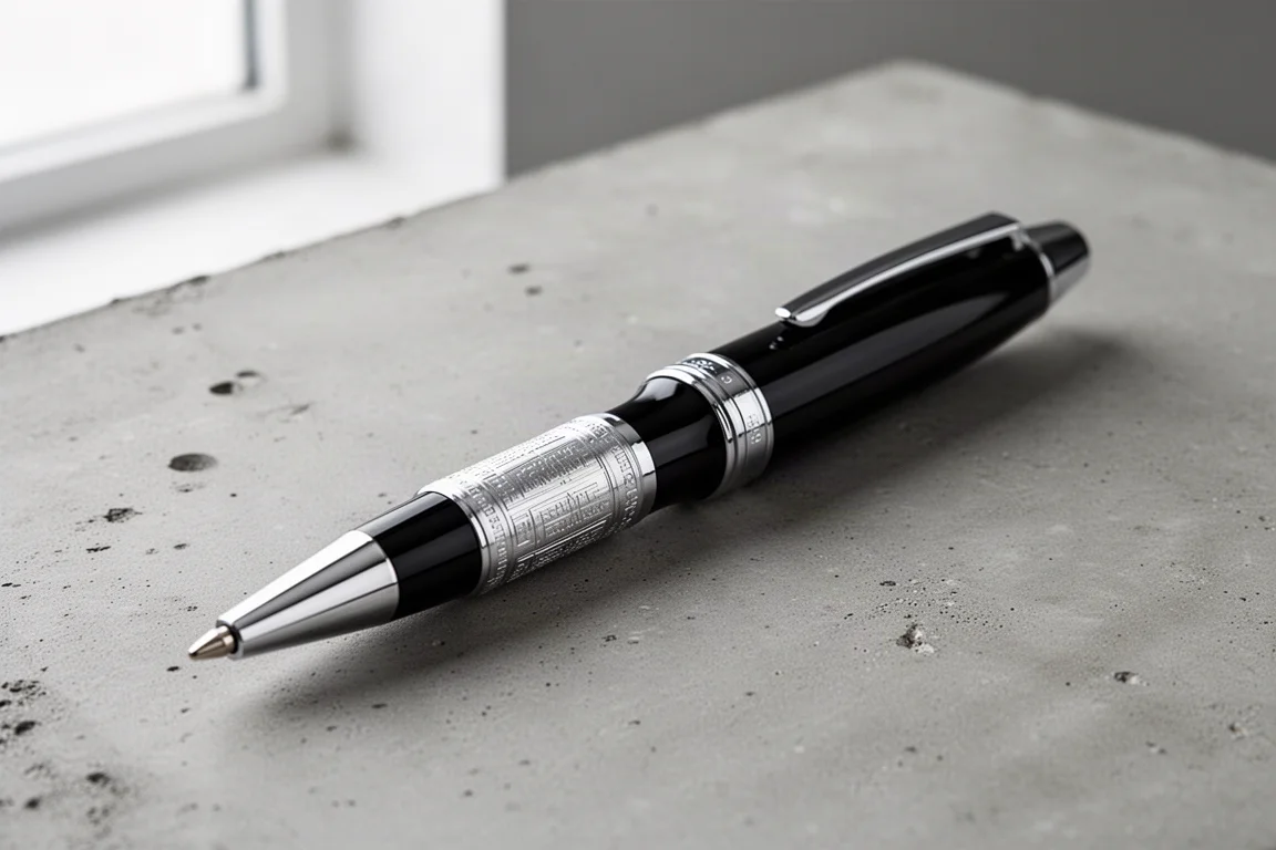 Glossy black Parker ballpoint pen with chrome grip on concrete surface