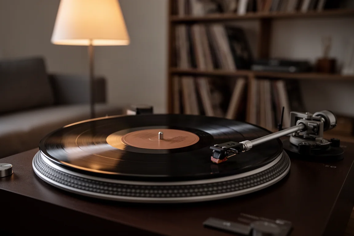 Turntable playing a vinyl record in a dim living room with warm lamp light