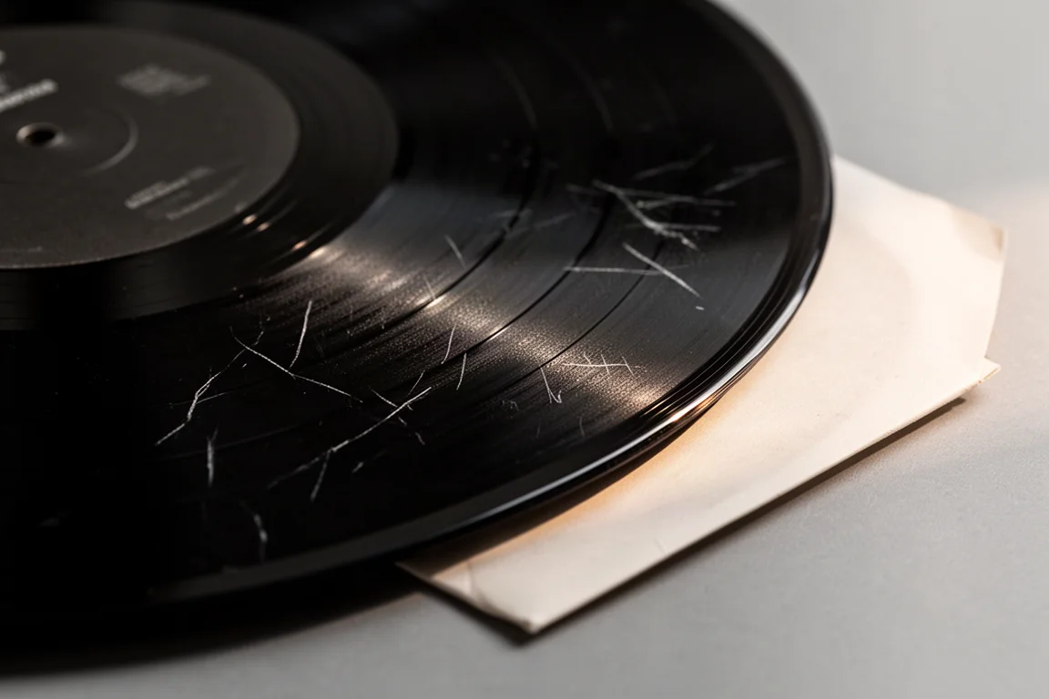 Close-up of a black vinyl record surface with fine hairline marks under raking light