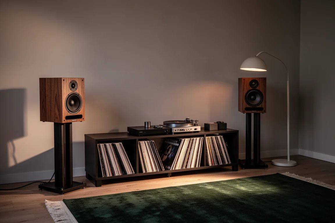 Quiet listening room at dusk with bookshelf speakers, record shelf, and floor lamp