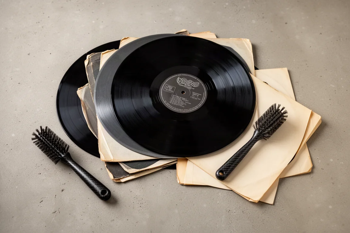 Overhead flat-lay of vintage vinyl records with a record brush on concrete