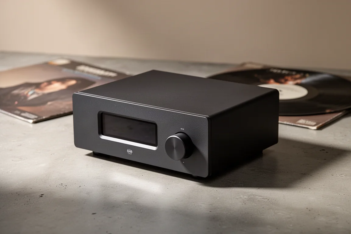 Compact dark hi-fi phono preamplifier with front display and control knob on concrete