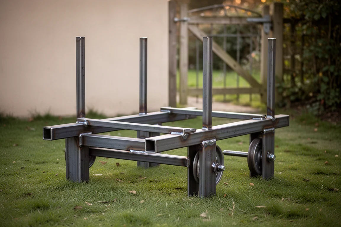 Telaio di un carrello in acciaio fai-da-te saldato con profilati in un giardino