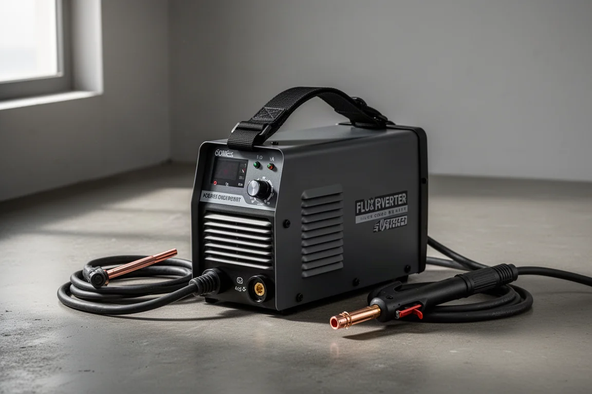 Compact portable flux core welder with carry strap and torch cable on concrete floor