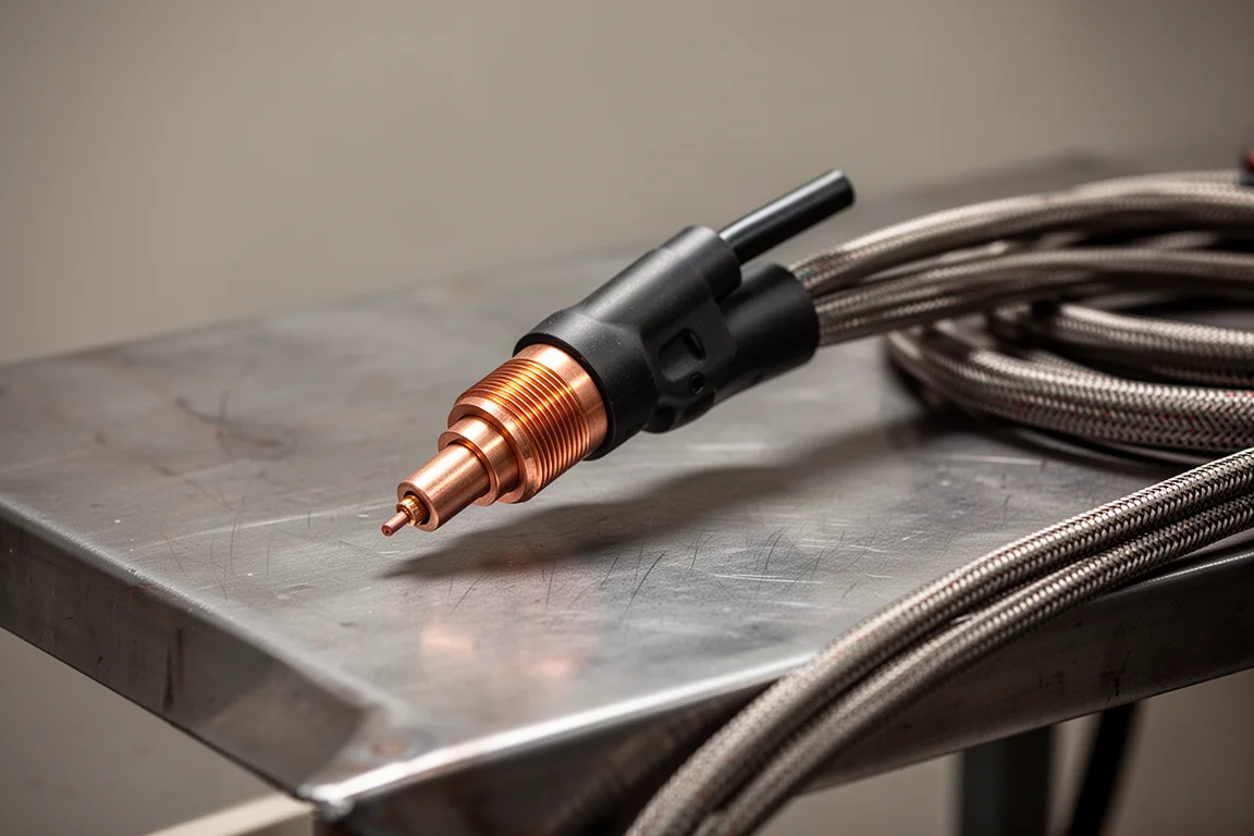 Plasma cutter torch head with consumable cutting tip screwed into place