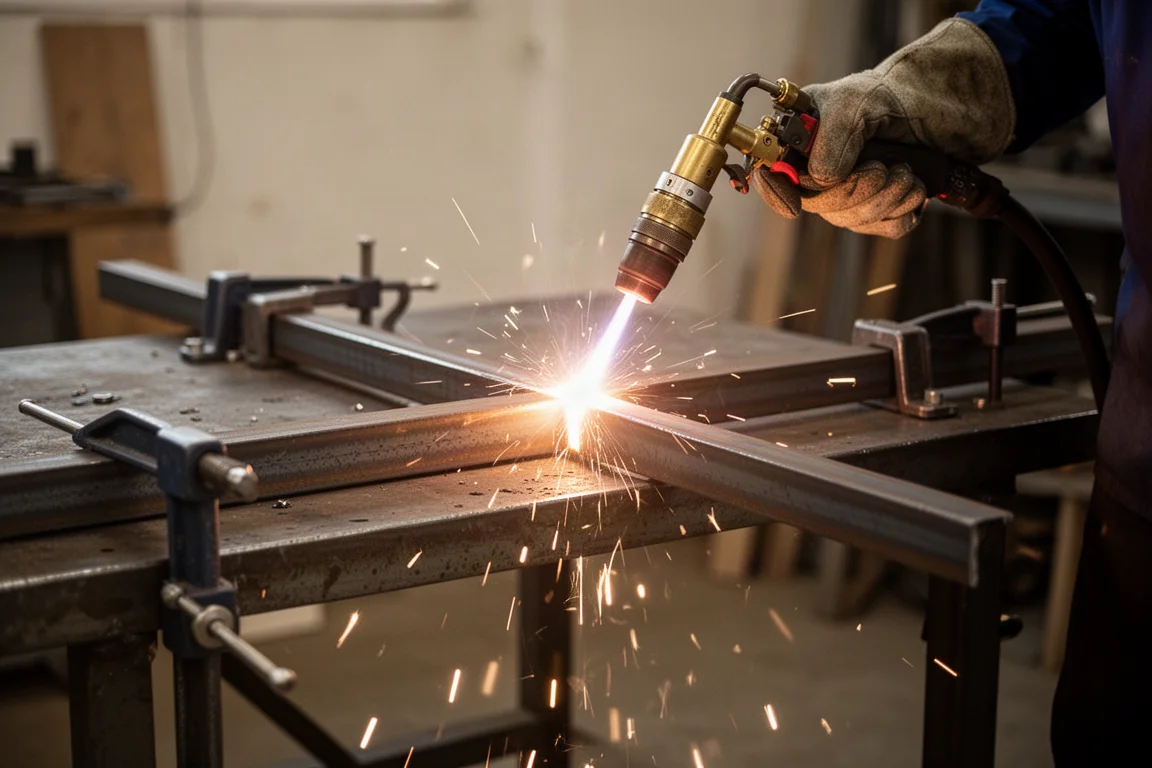 Glowing plasma arc cutting through a steel bar with sparks flying