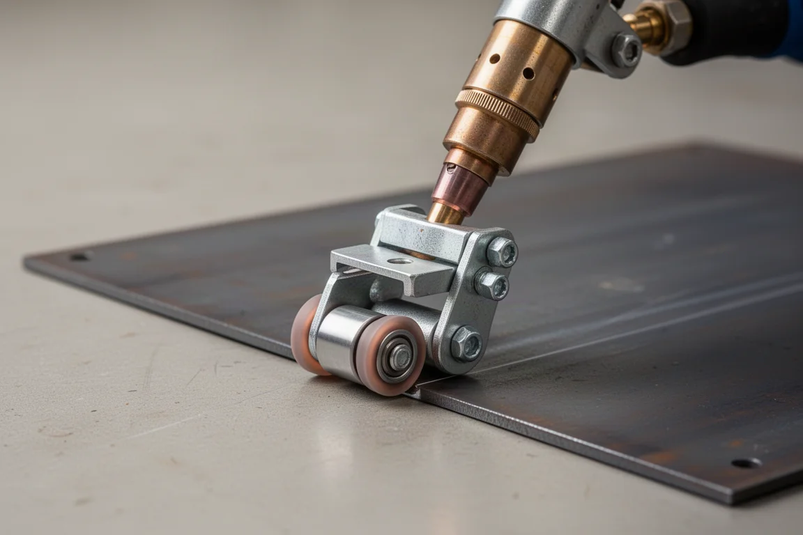 Roller guide attachment fitted to a plasma cutter torch for straight cuts