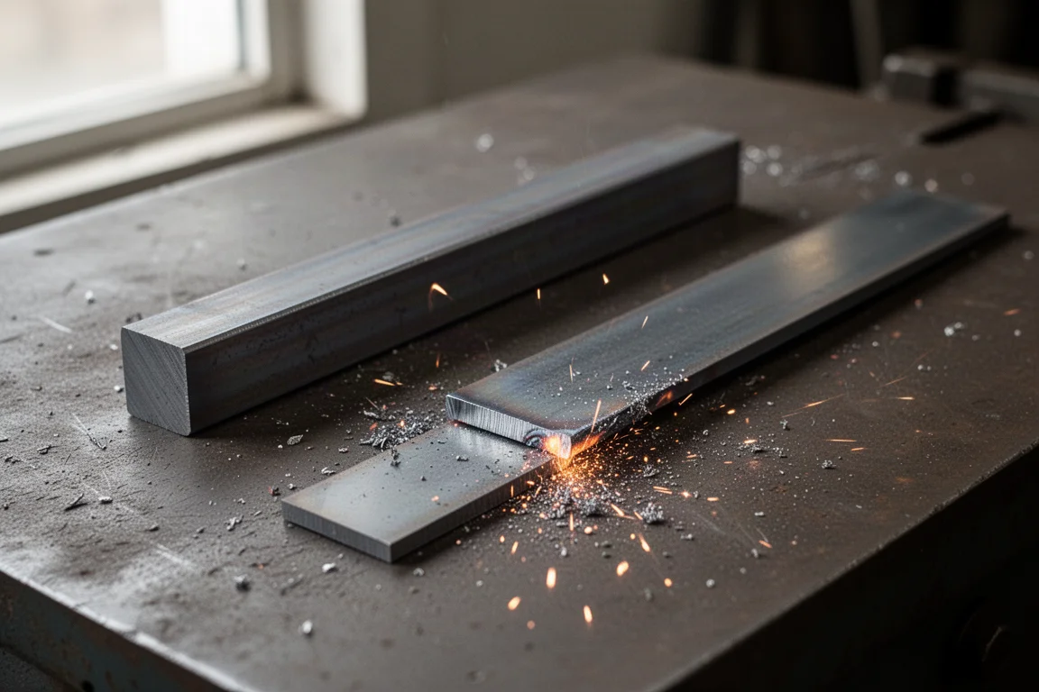 Cleanly cut steel bar and plate pieces with swarf on the back edge