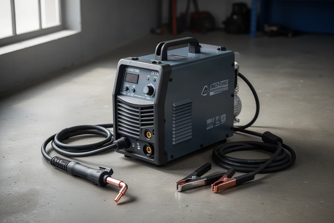 Compact plasma cutter with integrated compressor and torch on a concrete workshop floor