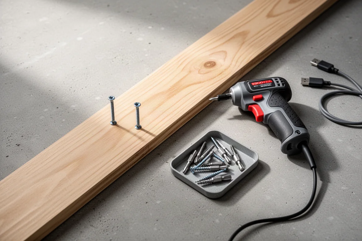 Scène d'établi DIY avec du bois, des vis et un tournevis compact