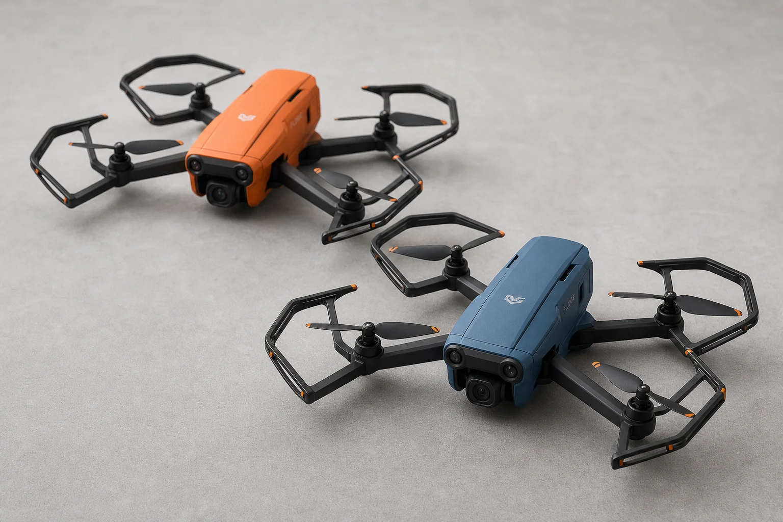 Five drones arranged on concrete surface showing variety from compact to professional models