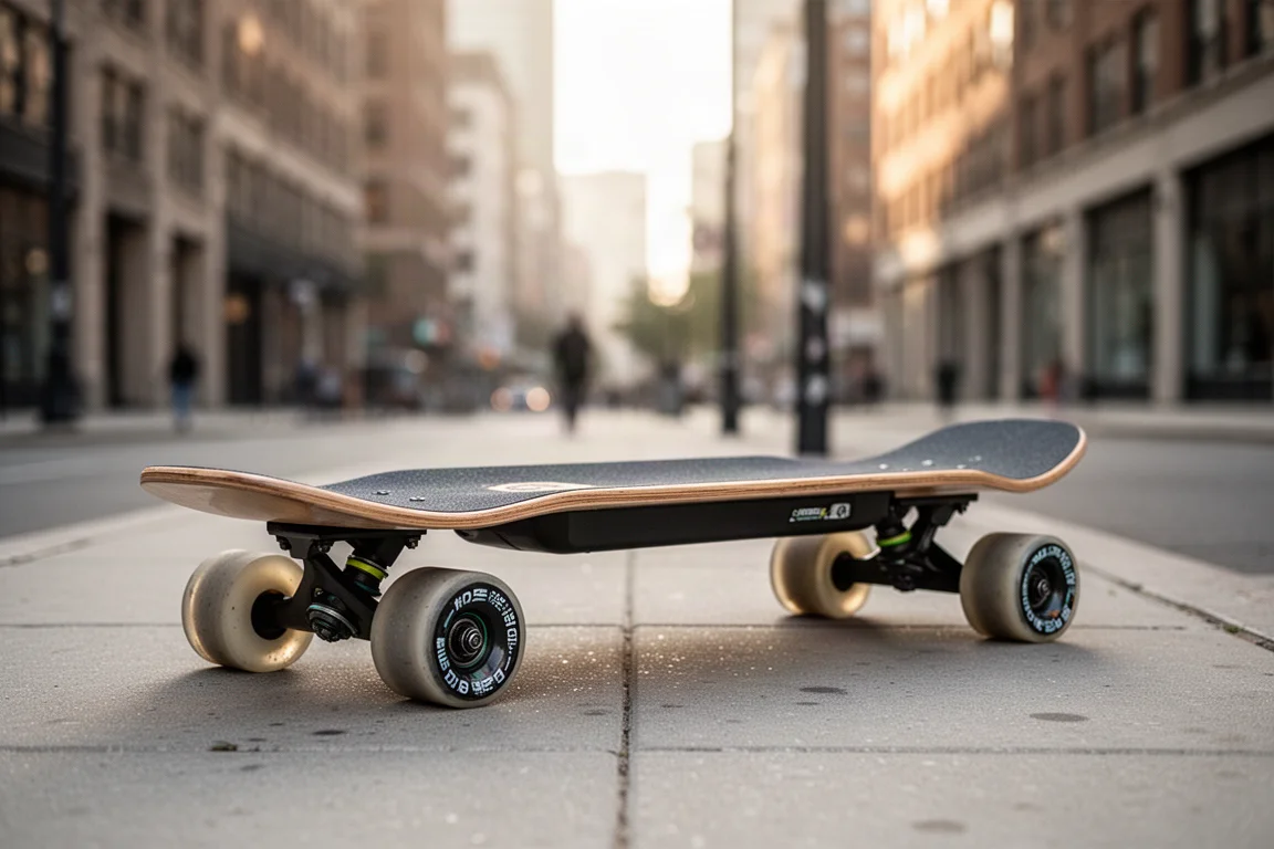 Electric skateboard with double drop deck on a city sidewalk