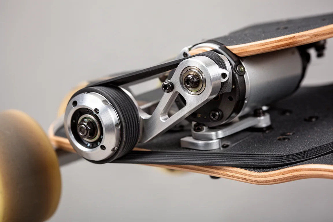 Close-up of belt drive system and tension adjustment mechanism on an electric skateboard