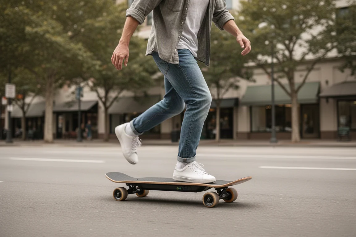 Rider kick-pushing an electric skateboard on a flat city street