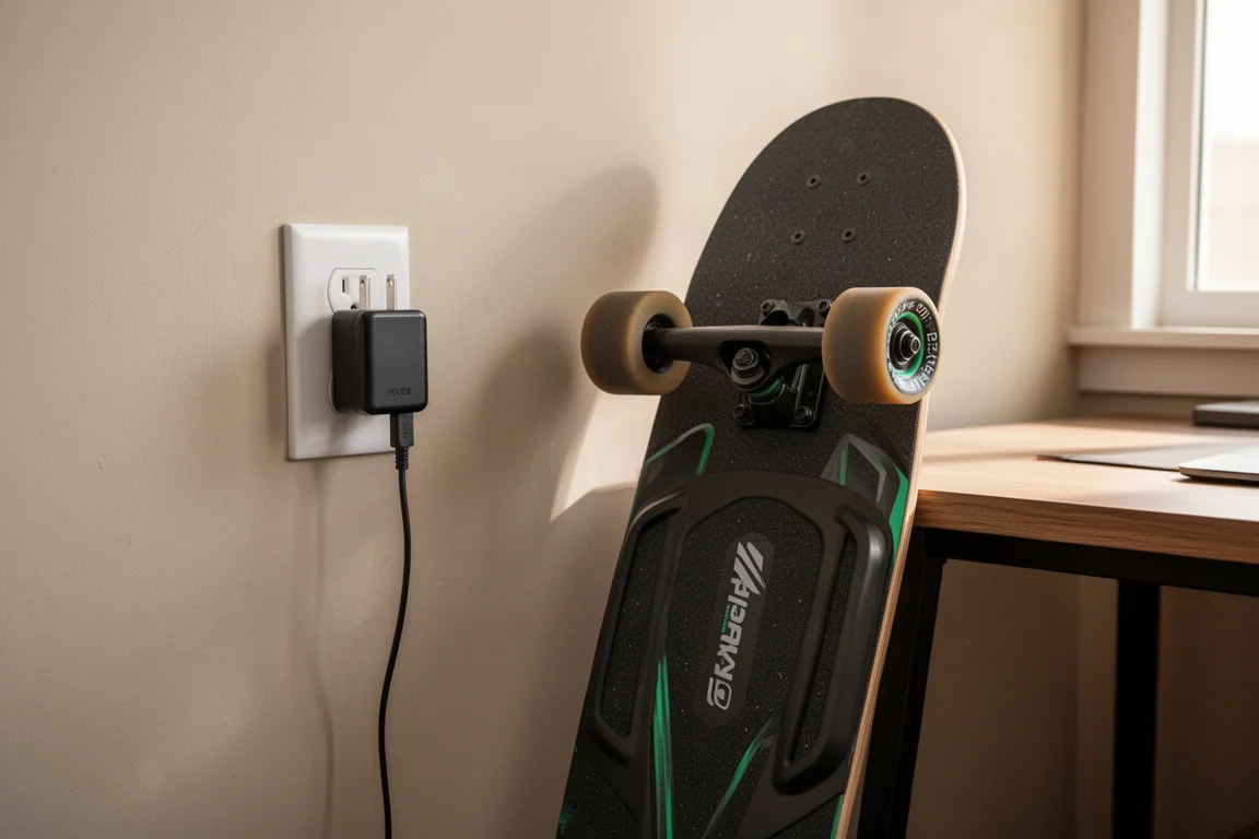 Compact charger and electric skateboard on a desk in a home setting
