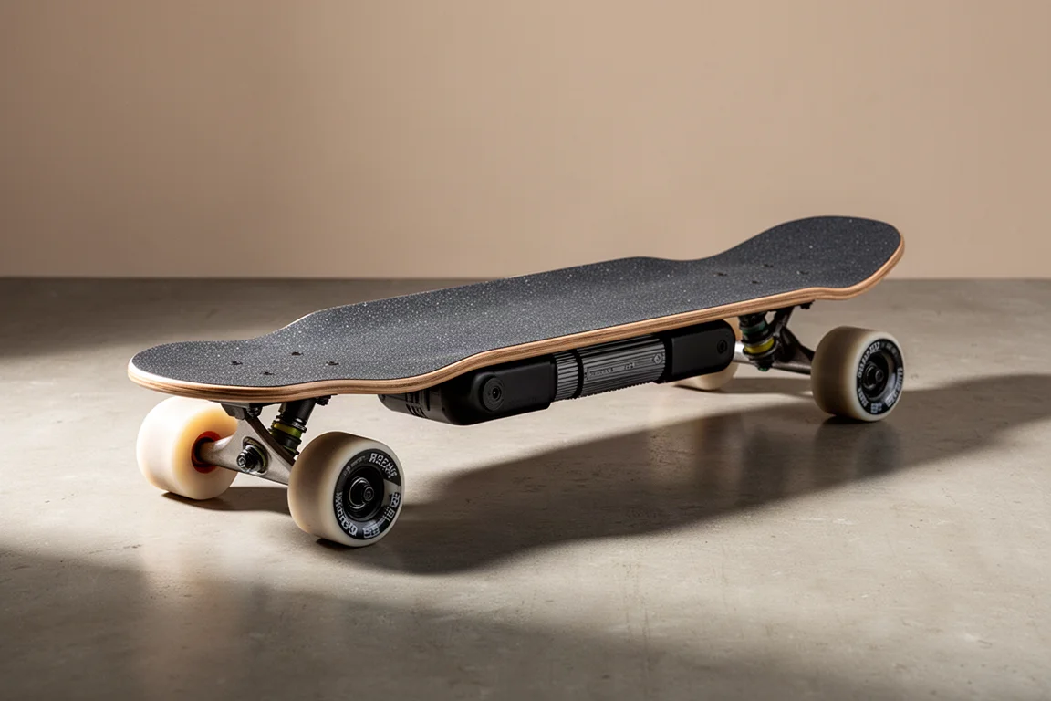 Parsec Aero Pro S 電動滑板，雙下沉板身，置於混凝土表面上