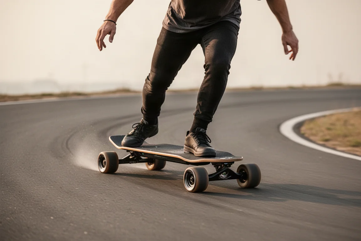 Rider carving on a sleek electric longboard on smooth asphalt