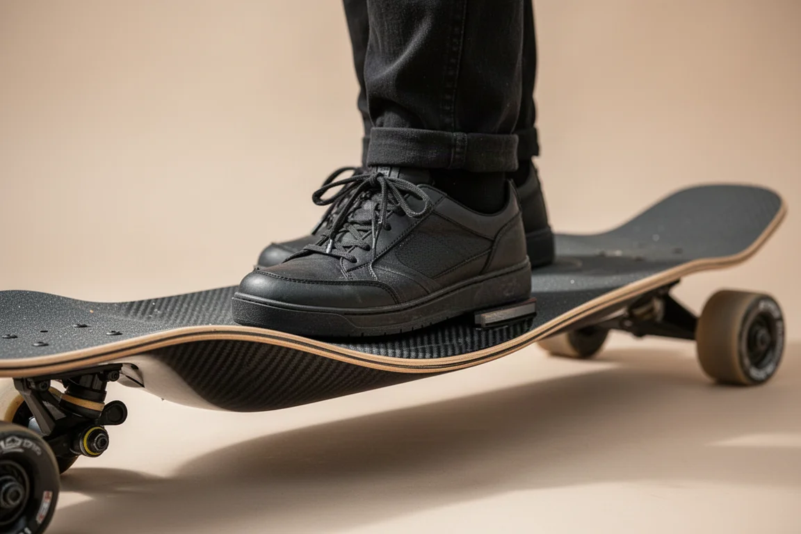 Close-up of a rider's foot on the concave drop-down deck of an electric longboard