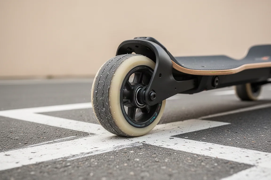 Electric longboard wheels rolling over painted road markings