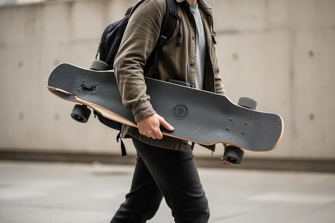 Rider carrying a lightweight electric longboard under one arm while walking